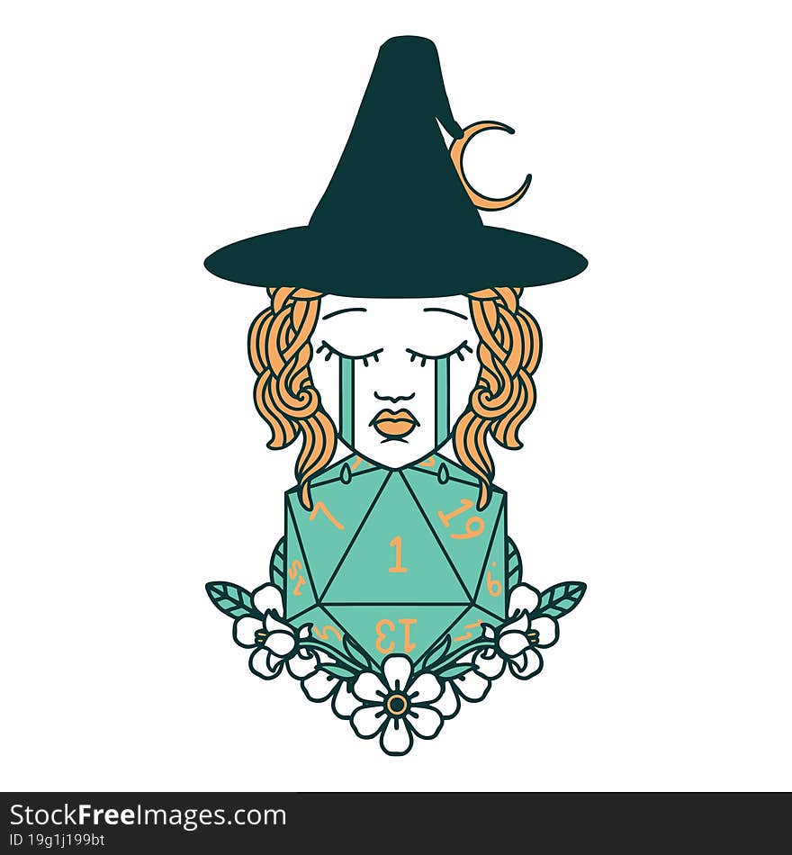 Retro Tattoo Style crying human witch with natural one D20 dice roll. Retro Tattoo Style crying human witch with natural one D20 dice roll