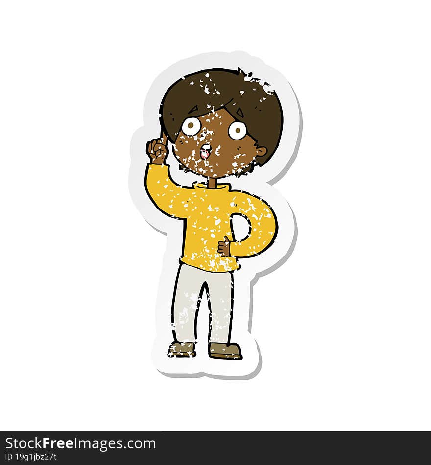 Retro Distressed Sticker Of A Cartoon Boy With Idea