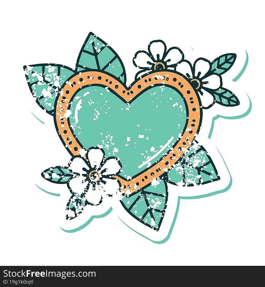 distressed sticker tattoo style icon of a botanical heart