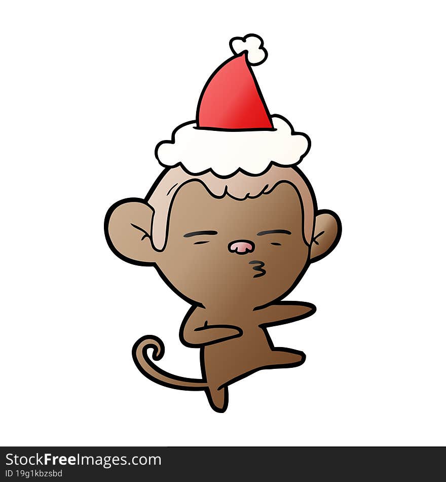 gradient cartoon of a suspicious monkey wearing santa hat