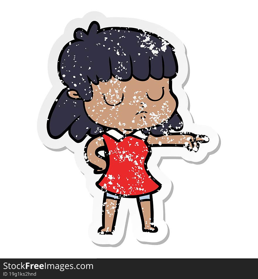 Distressed Sticker Of A Cartoon Indifferent Woman Pointing