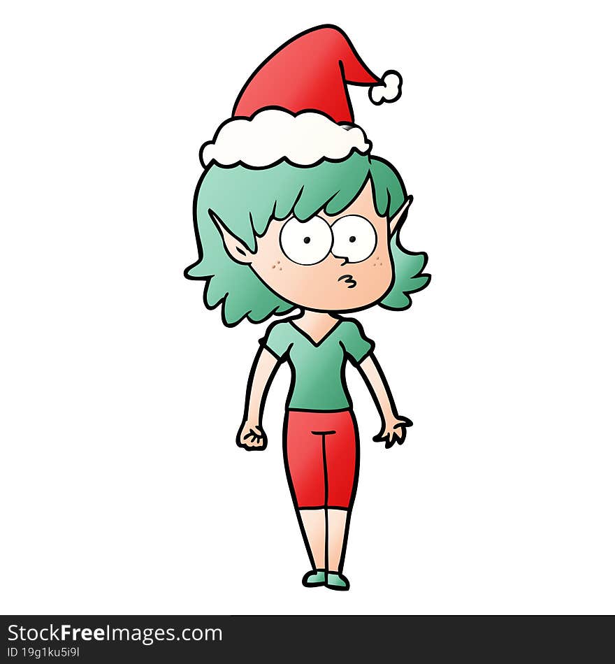 gradient cartoon of a elf girl staring wearing santa hat