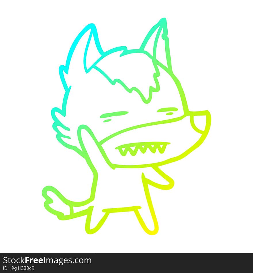 cold gradient line drawing of a cartoon wolf waving showing teeth