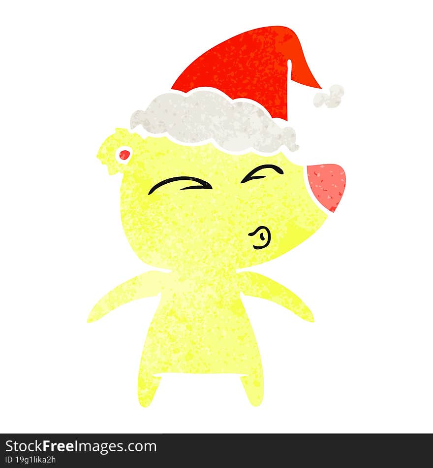 retro cartoon of a whistling bear wearing santa hat