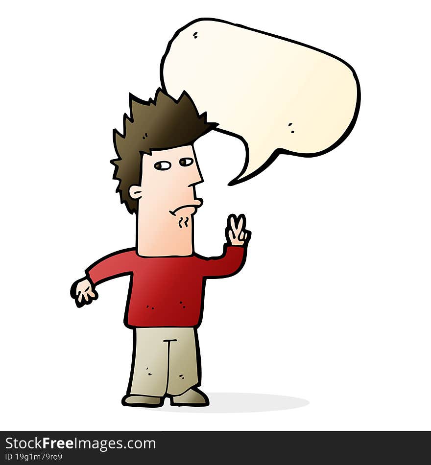 Cartoon Man Giving Peace Sign With Speech Bubble