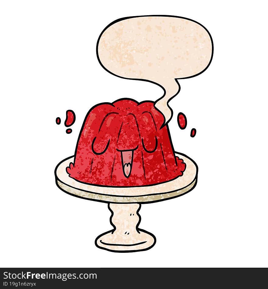 cartoon jelly on plate wobbling and speech bubble in retro texture style