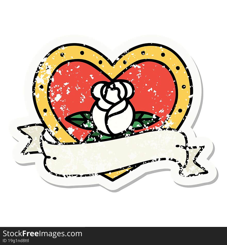 Traditional Distressed Sticker Tattoo Of A Heart Rose And Banner