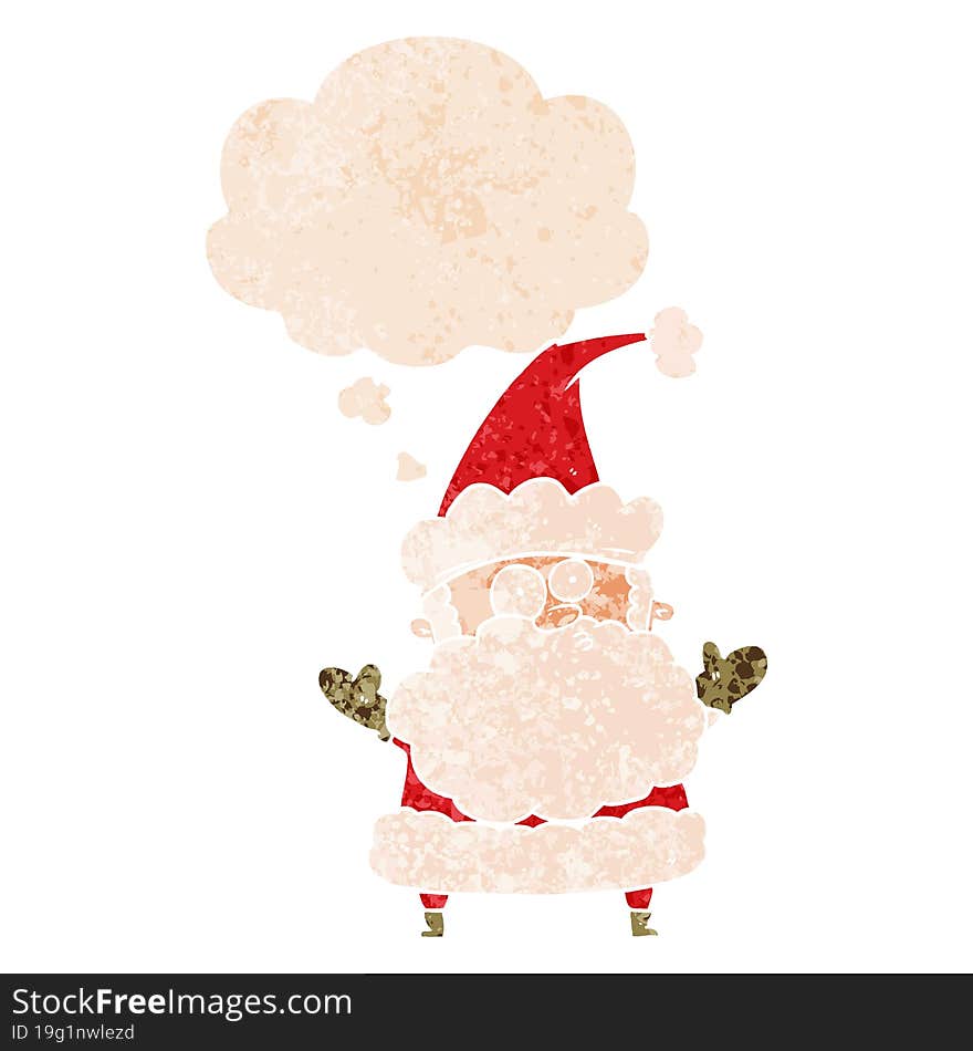 cartoon confused santa claus and thought bubble in retro textured style