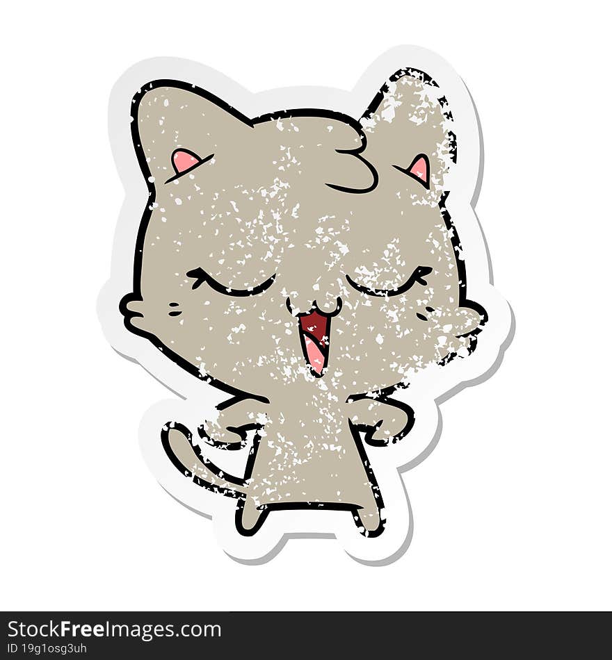 distressed sticker of a happy cartoon cat