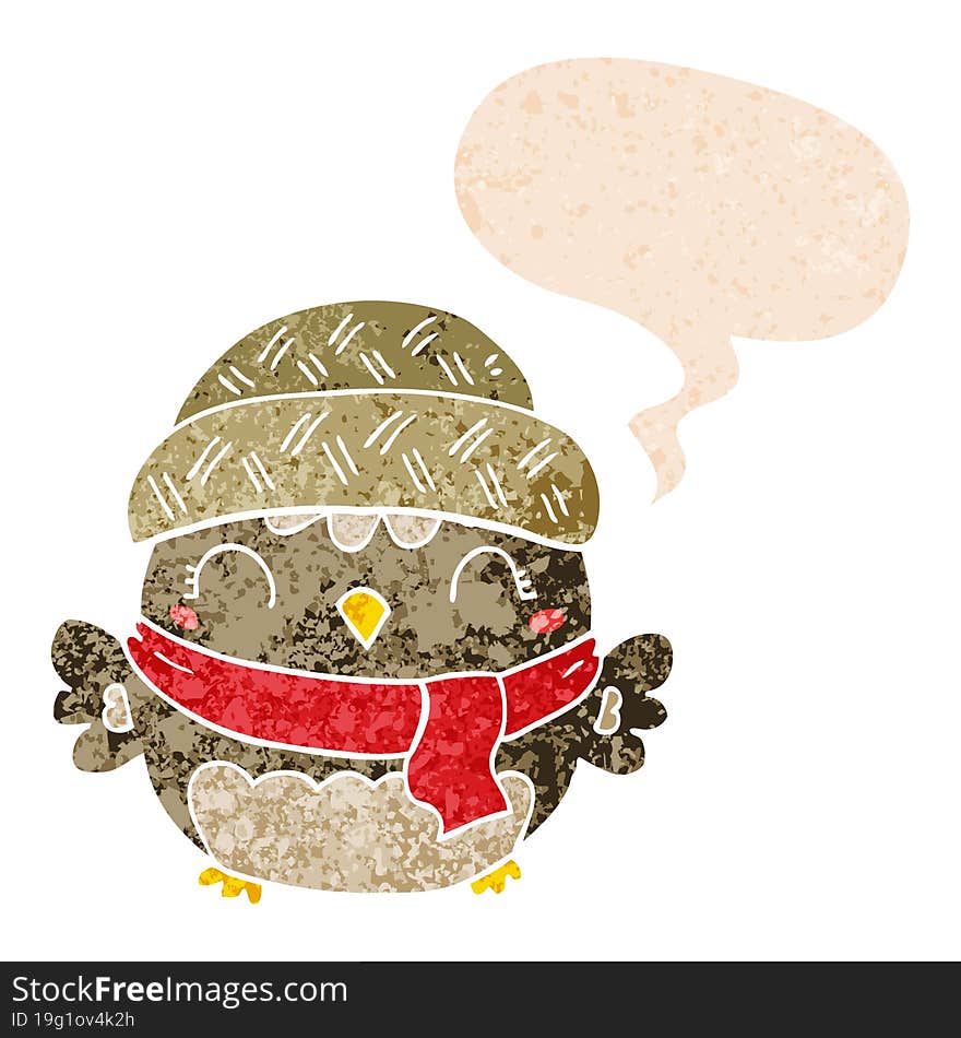 cute cartoon owl in hat and speech bubble in retro textured style