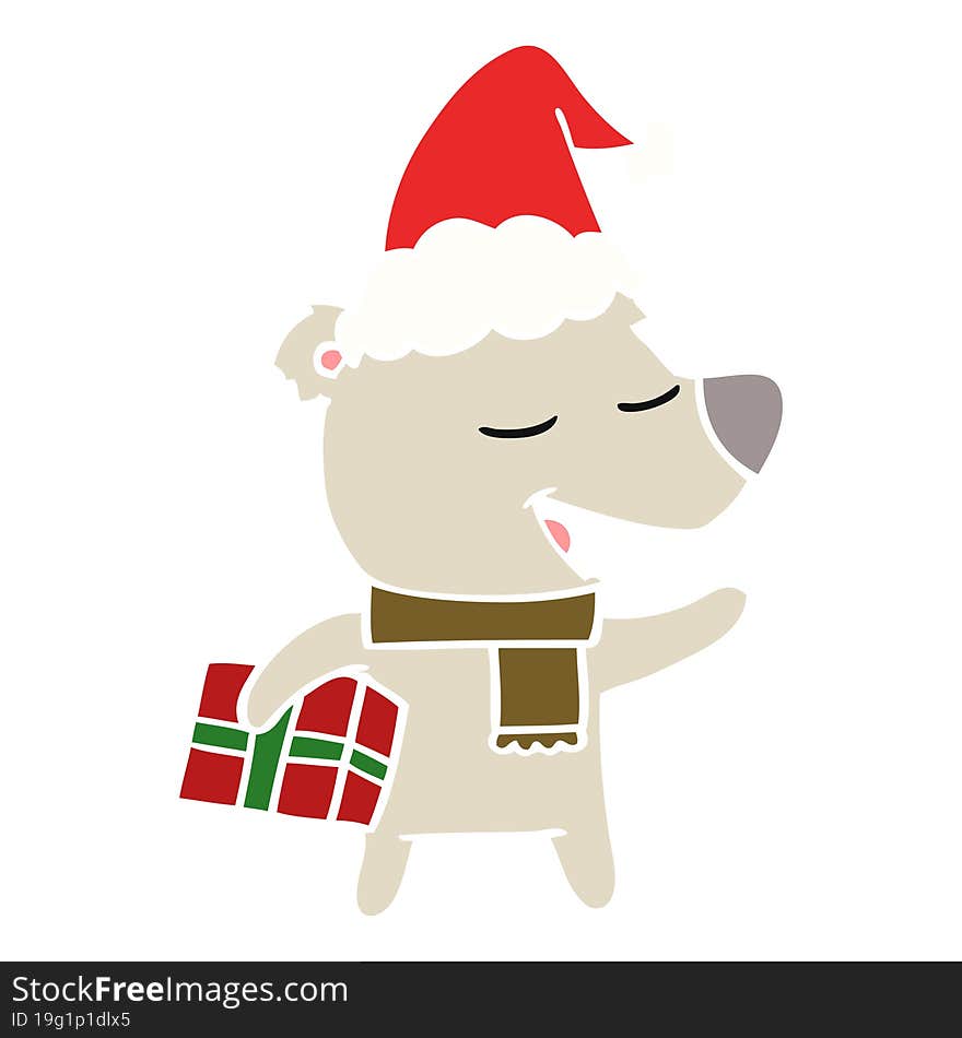 hand drawn flat color illustration of a bear with present wearing santa hat