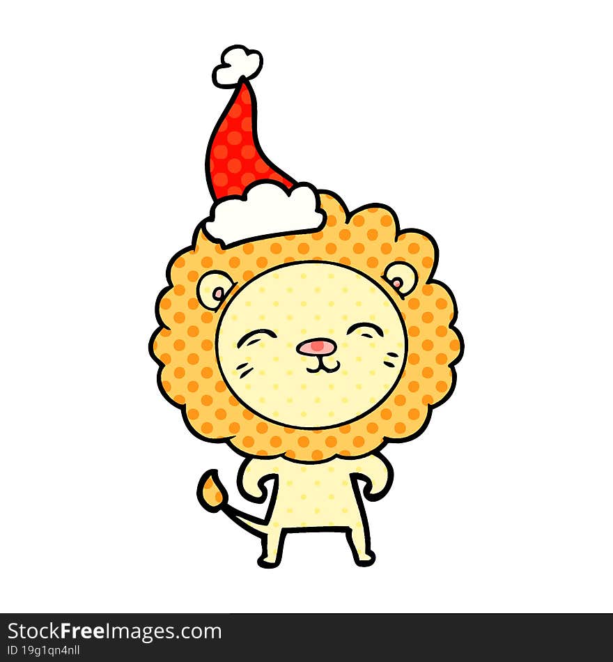 Comic Book Style Illustration Of A Lion Wearing Santa Hat