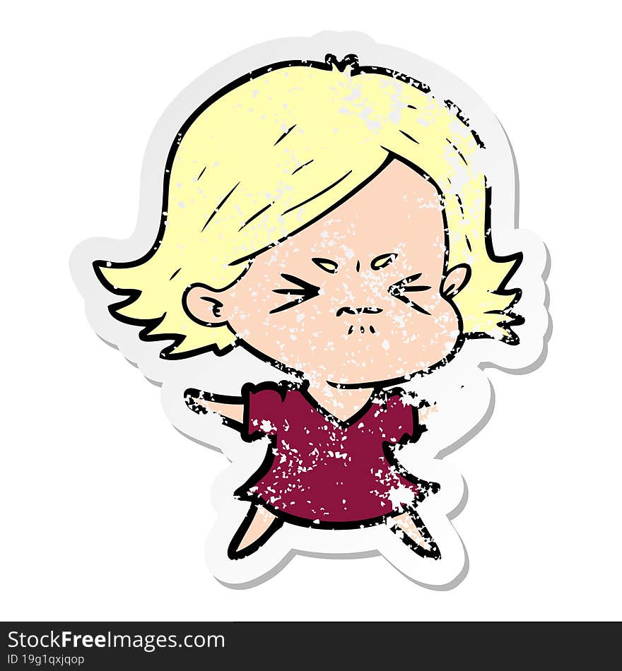 distressed sticker of a cartoon angry woman