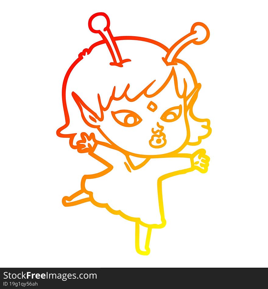 warm gradient line drawing pretty cartoon alien girl