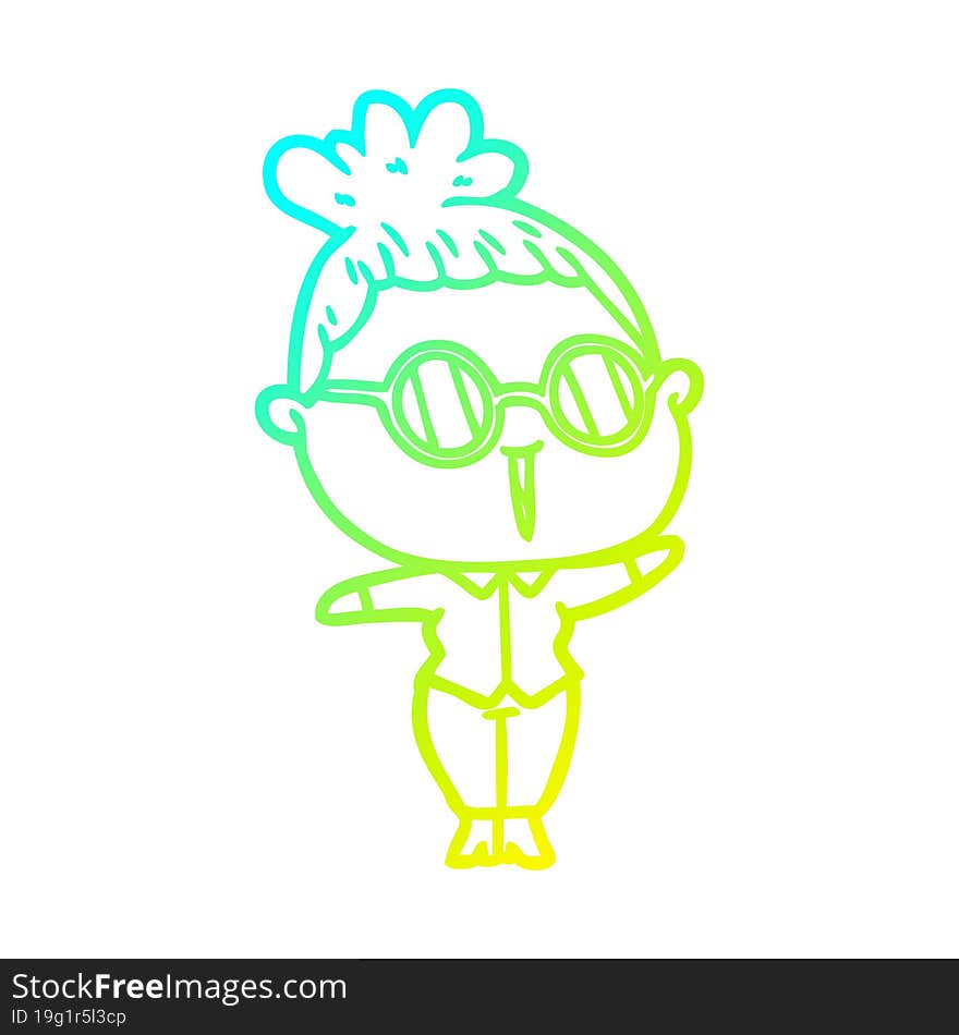 cold gradient line drawing of a cartoon woman wearing spectacles