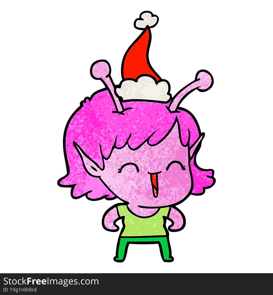 hand drawn textured cartoon of a alien girl laughing wearing santa hat