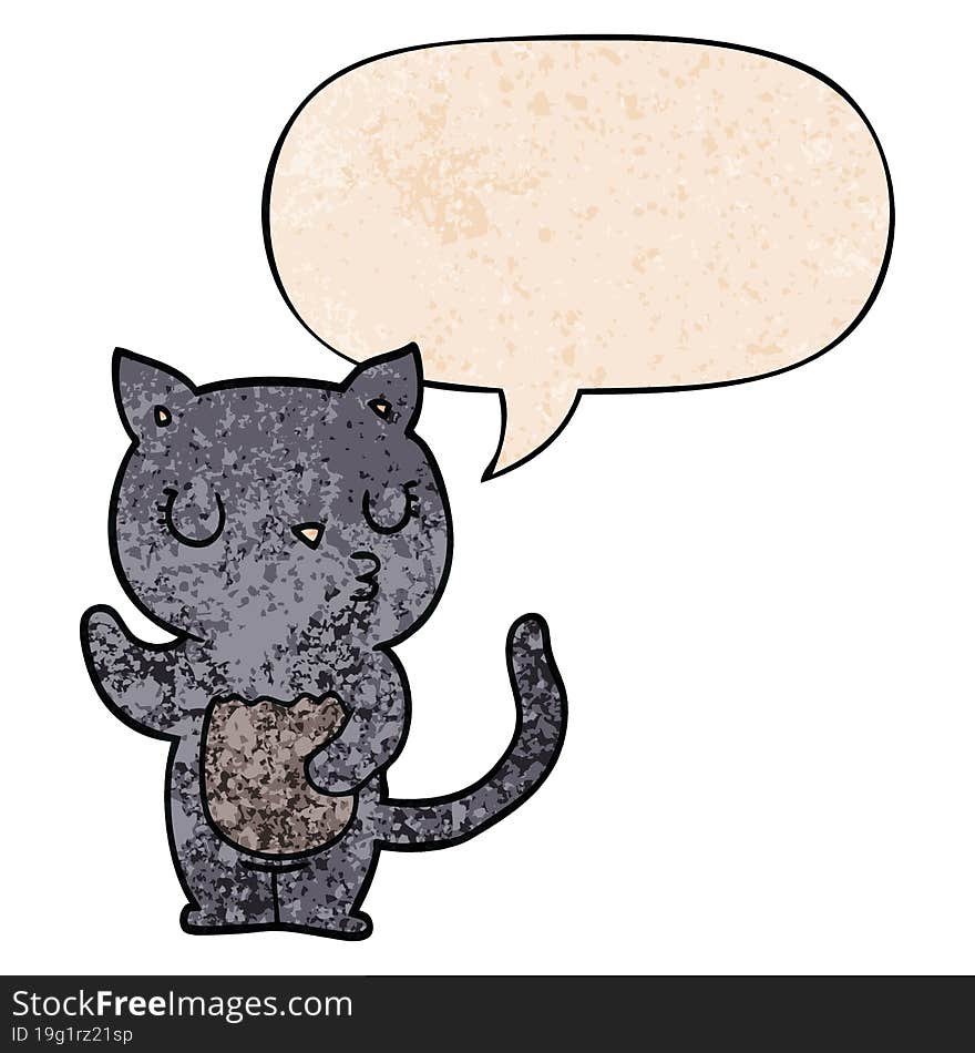 Cute Cartoon Cat And Speech Bubble In Retro Texture Style