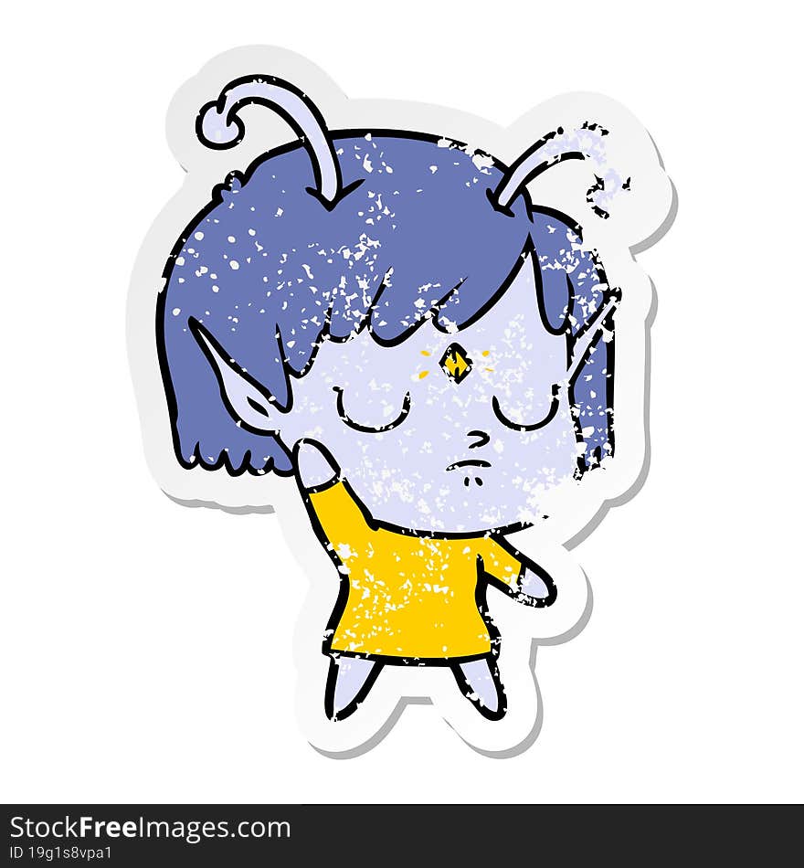 distressed sticker of a cartoon alien girl