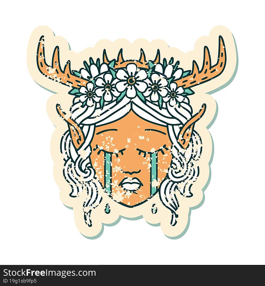 Retro Tattoo Style crying elf druid character face. Retro Tattoo Style crying elf druid character face