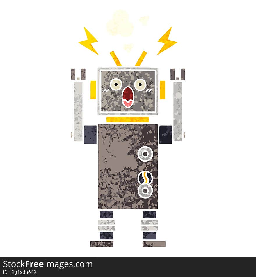 retro illustration style cartoon malfunctioning robot