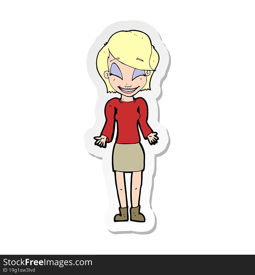 sticker of a cartoon happy woman shrugging shoulders