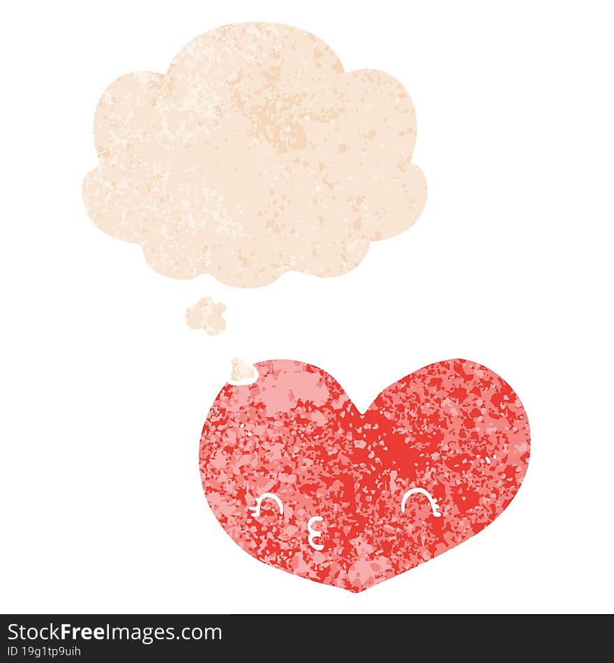 cartoon heart with face and thought bubble in retro textured style