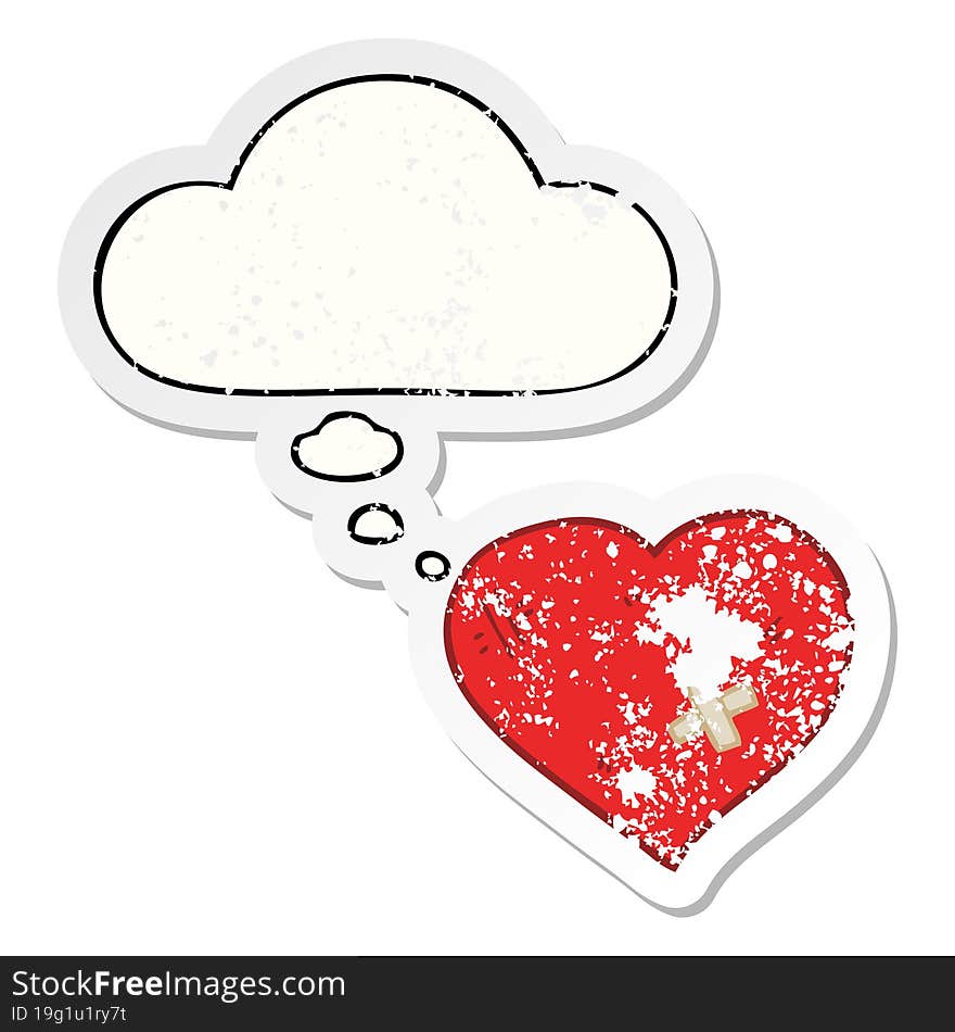 cartoon love heart with sticking plaster and thought bubble as a distressed worn sticker