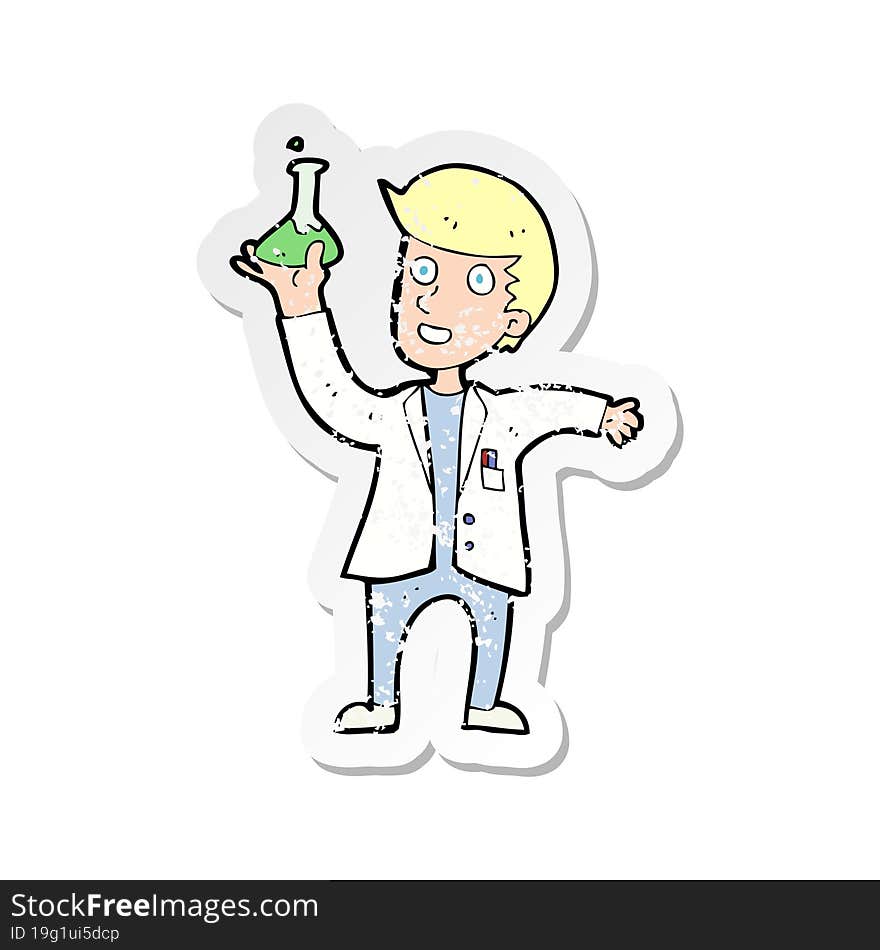 retro distressed sticker of a cartoon happy scientist