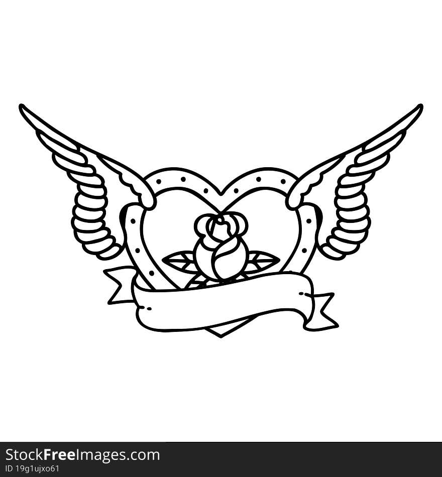 tattoo in black line style of a flying heart with flowers and banner. tattoo in black line style of a flying heart with flowers and banner