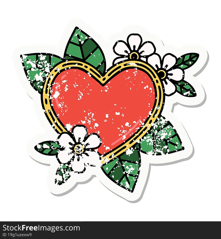 traditional distressed sticker tattoo of a botanical heart