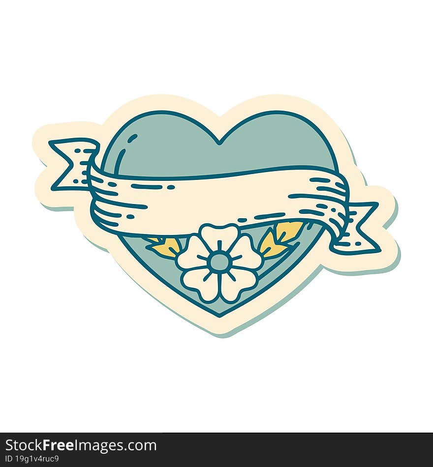 sticker of tattoo in traditional style of a heart and banner with flowers. sticker of tattoo in traditional style of a heart and banner with flowers