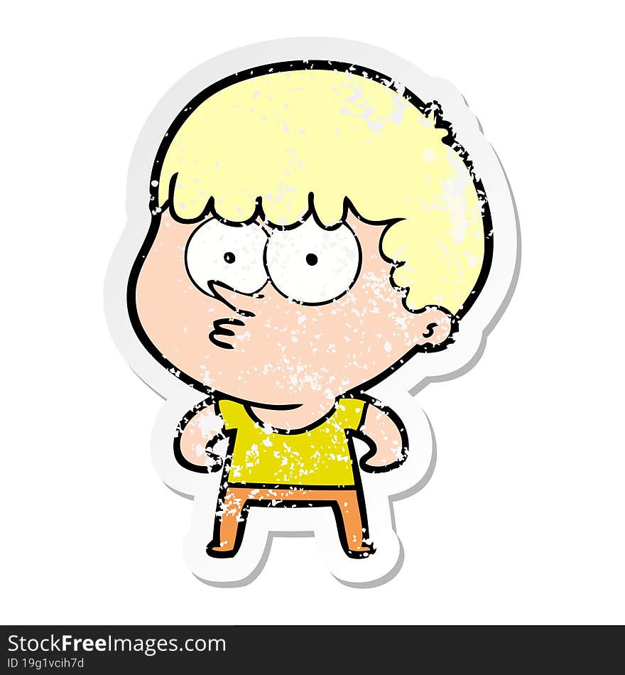 distressed sticker of a cartoon curious boy