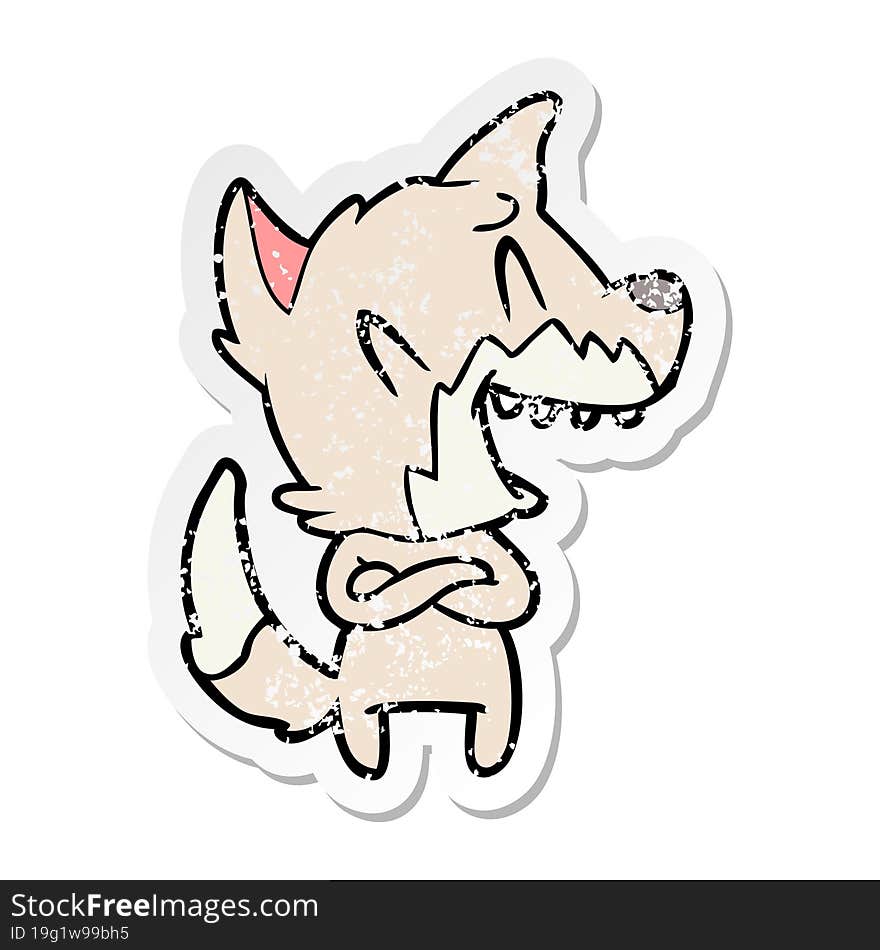 distressed sticker of a laughing fox cartoon