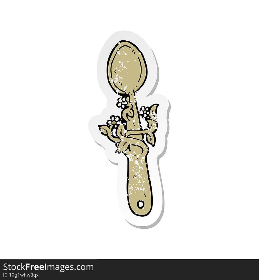 retro distressed sticker of a cartoon wooden spoon