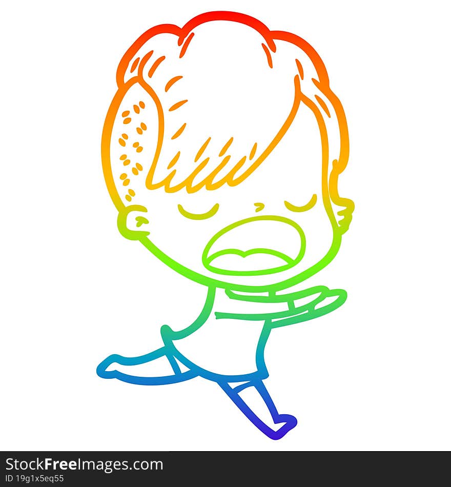 rainbow gradient line drawing of a cartoon cool hipster girl talking