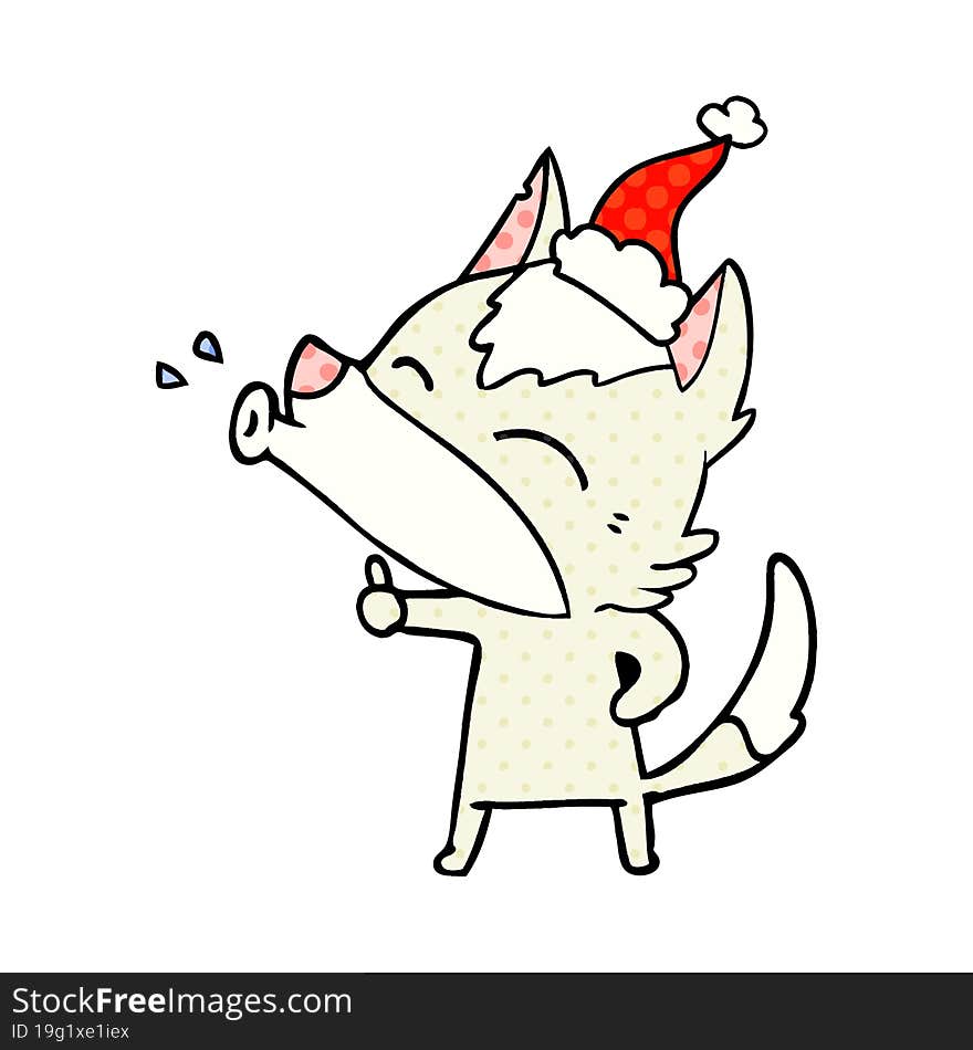 howling wolf comic book style illustration of a wearing santa hat