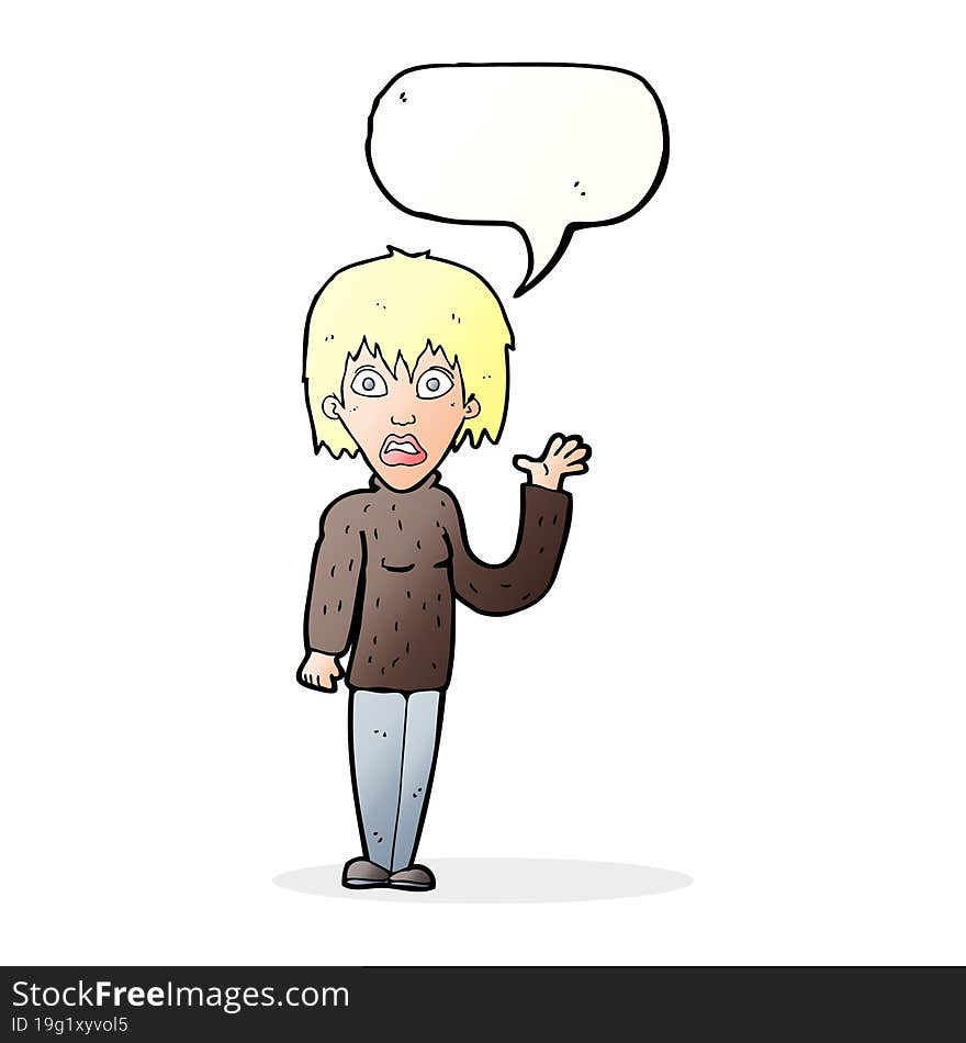 cartoon shocked woman waving hand with speech bubble