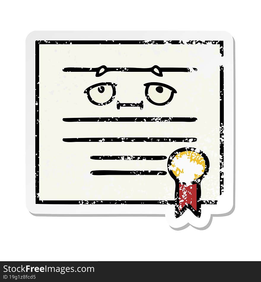 distressed sticker of a cute cartoon graduation diploma