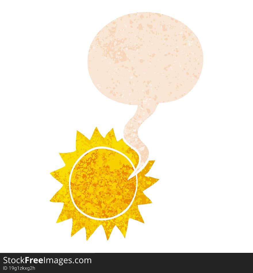 cartoon sun and speech bubble in retro textured style