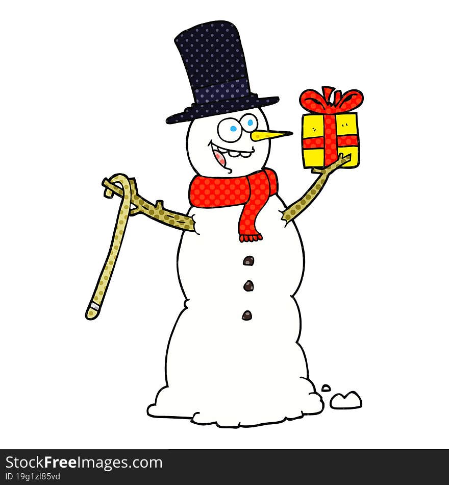 freehand drawn cartoon snowman holding present