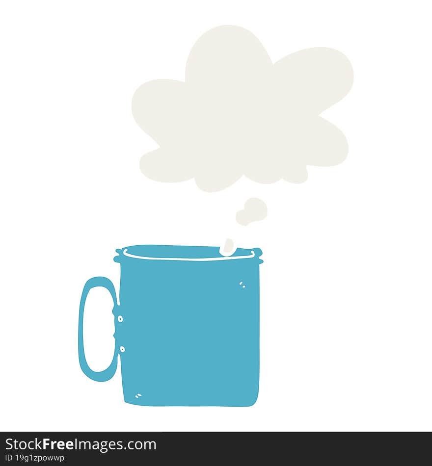 cartoon camping cup of coffee with thought bubble in retro style