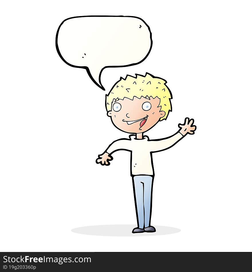 cartoon happy boy waving with speech bubble