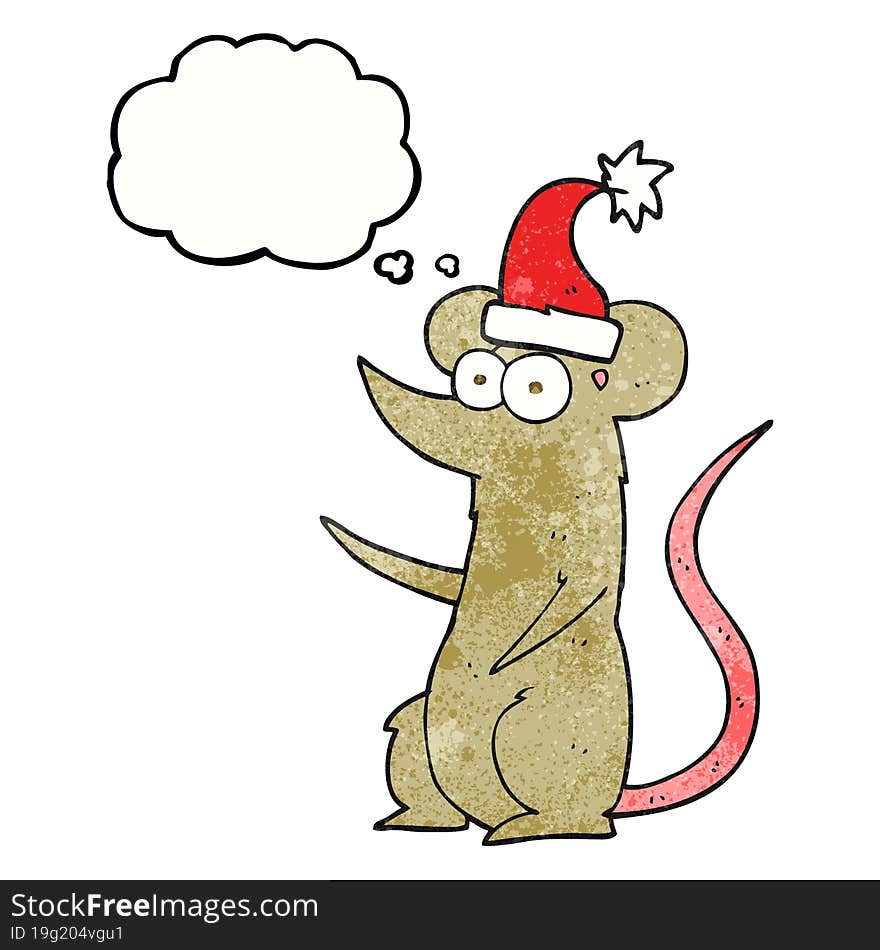 freehand drawn thought bubble textured cartoon mouse wearing christmas hat