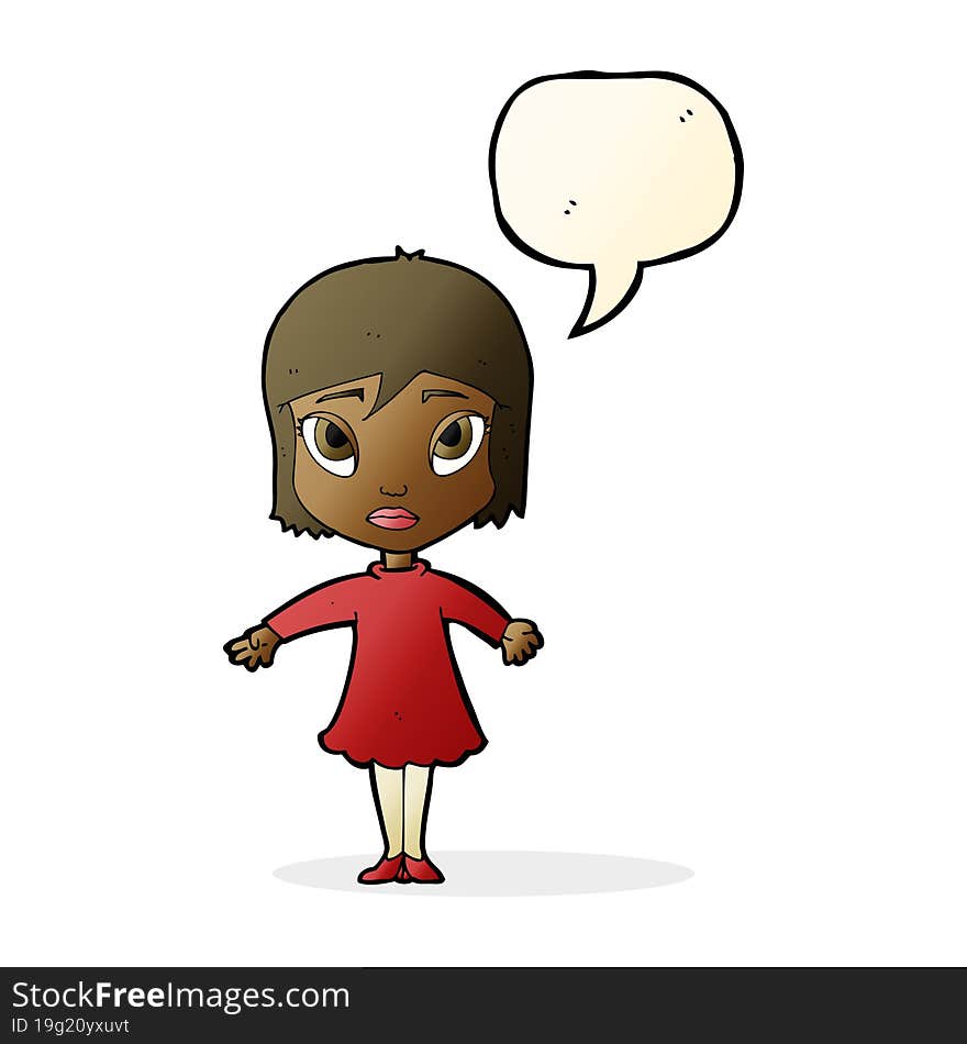 cartoon girl in dress with speech bubble