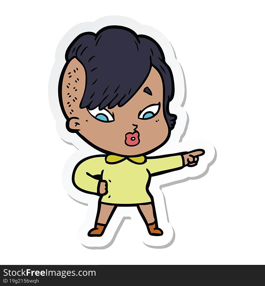 sticker of a cartoon surprised girl pointing