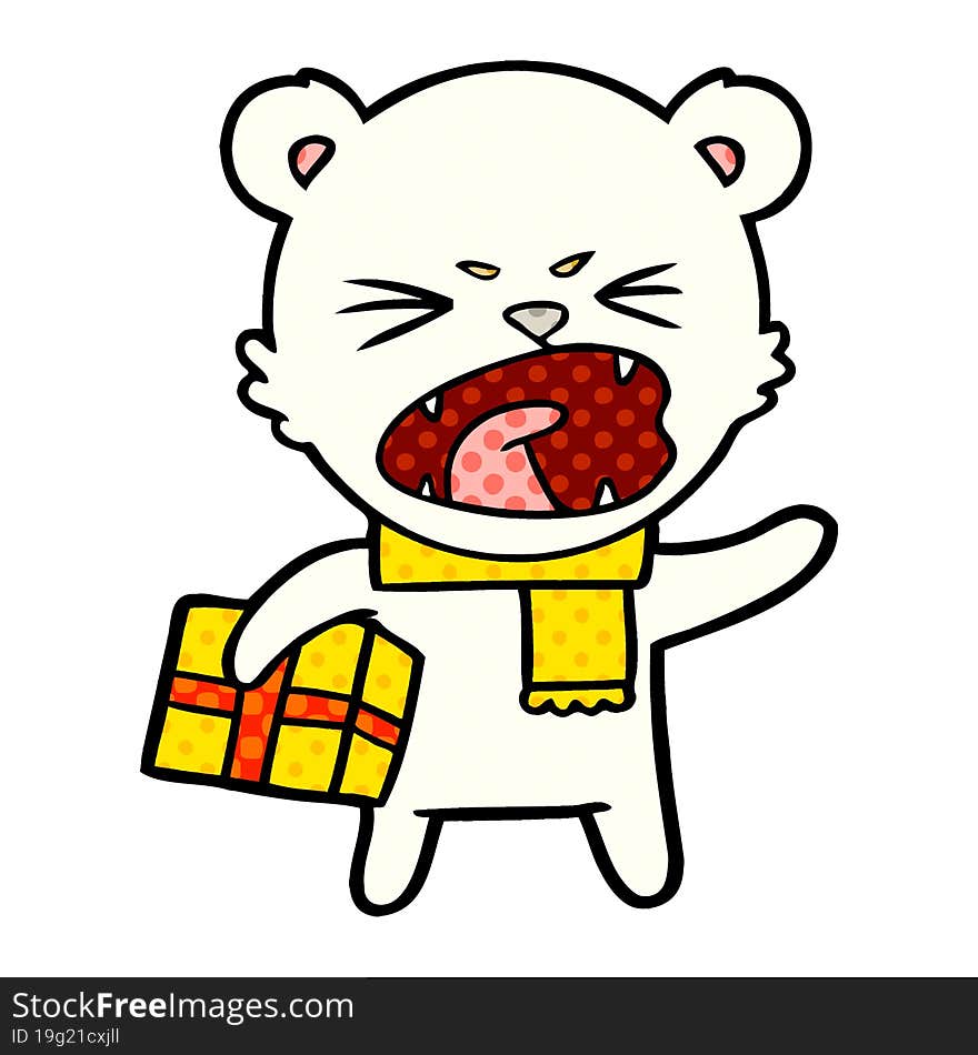 angry cartoon polar bear with christmas present. angry cartoon polar bear with christmas present