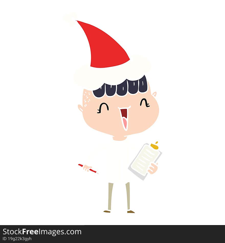 flat color illustration of a happy boy surprised wearing santa hat