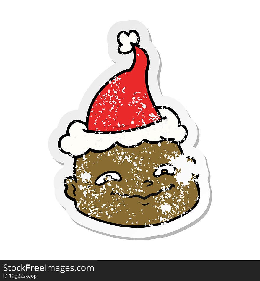 distressed sticker cartoon of a bald man wearing santa hat