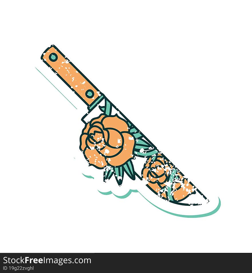 iconic distressed sticker tattoo style image of a dagger and flowers. iconic distressed sticker tattoo style image of a dagger and flowers