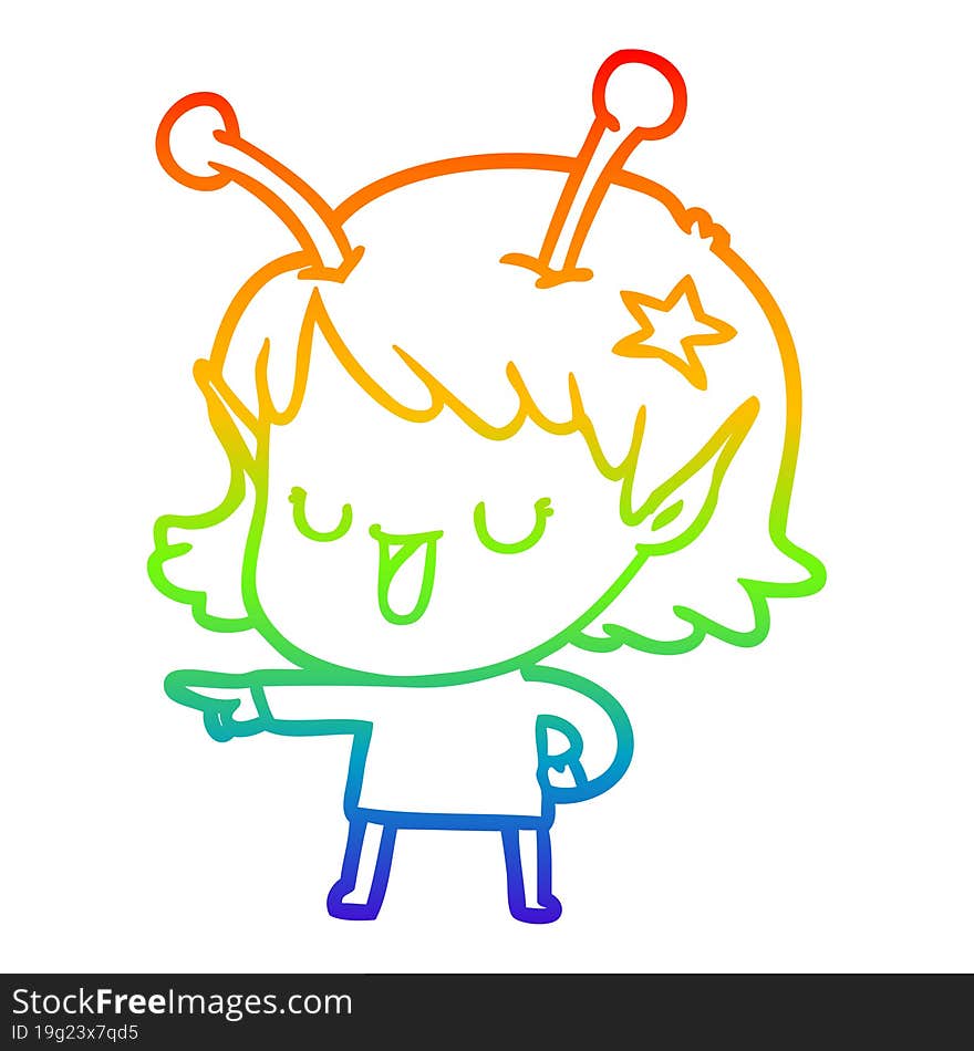 rainbow gradient line drawing happy alien girl cartoon